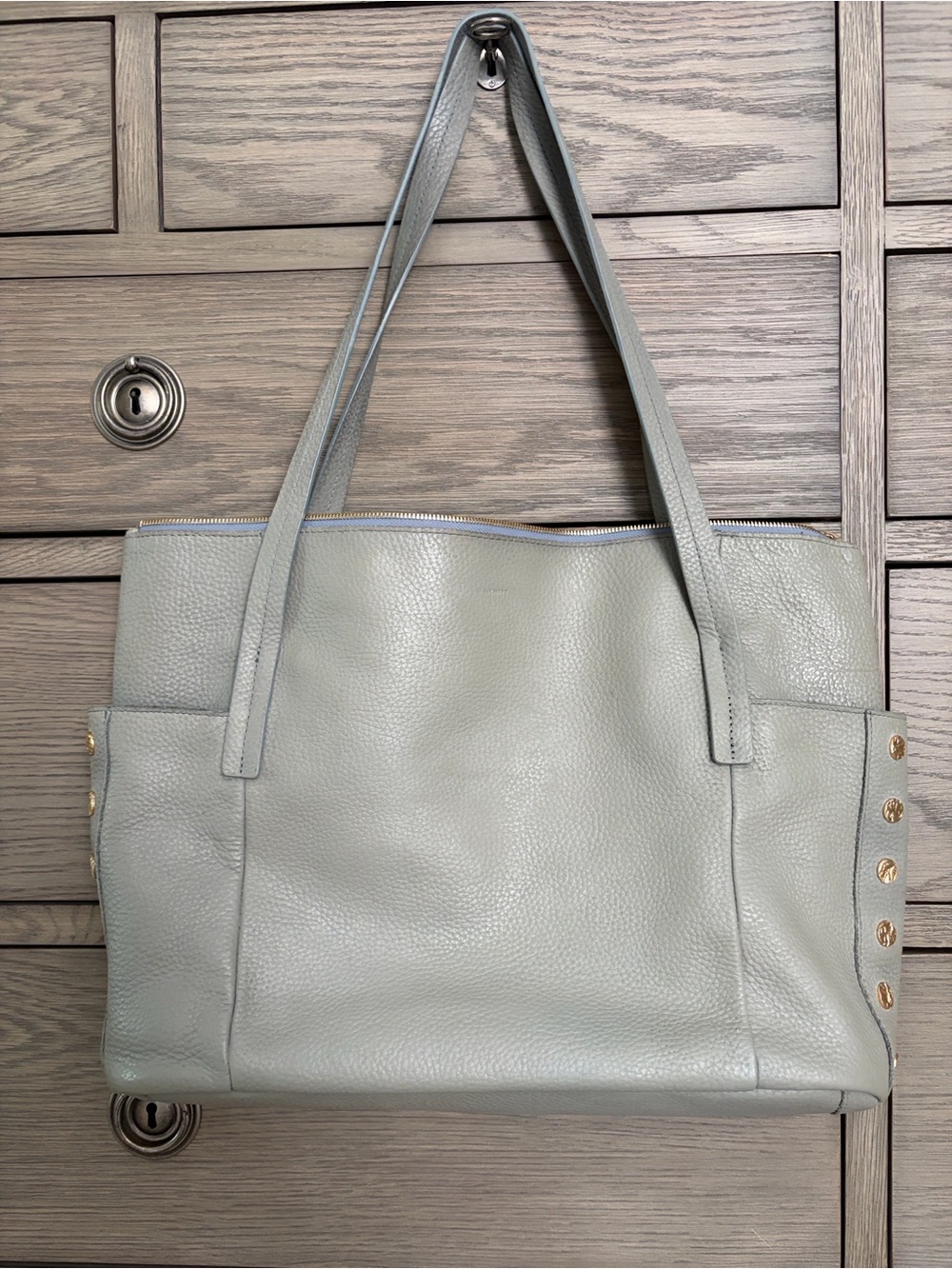 Hammitt Addie Large Pebbled Leather Zippered Leather Tote in Steel Blue/Grey